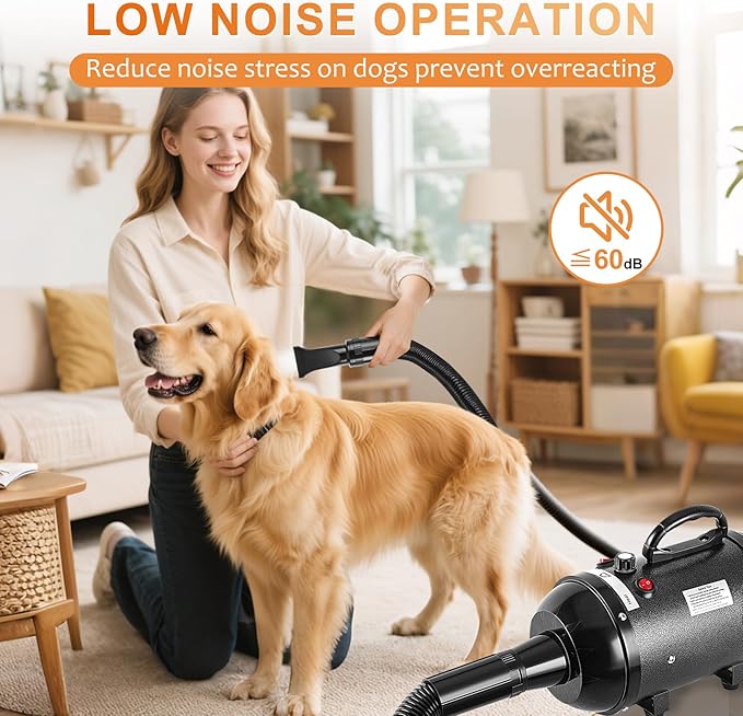 NESTROAD Dog Dryer, 4.3HP/3200W High Velocity Pet Hair Dryer, Stepless Adjustable Speed, Quick-Drying, Reduce Noise & Heat Insulation, 4 Nozzles and a Brush, Black