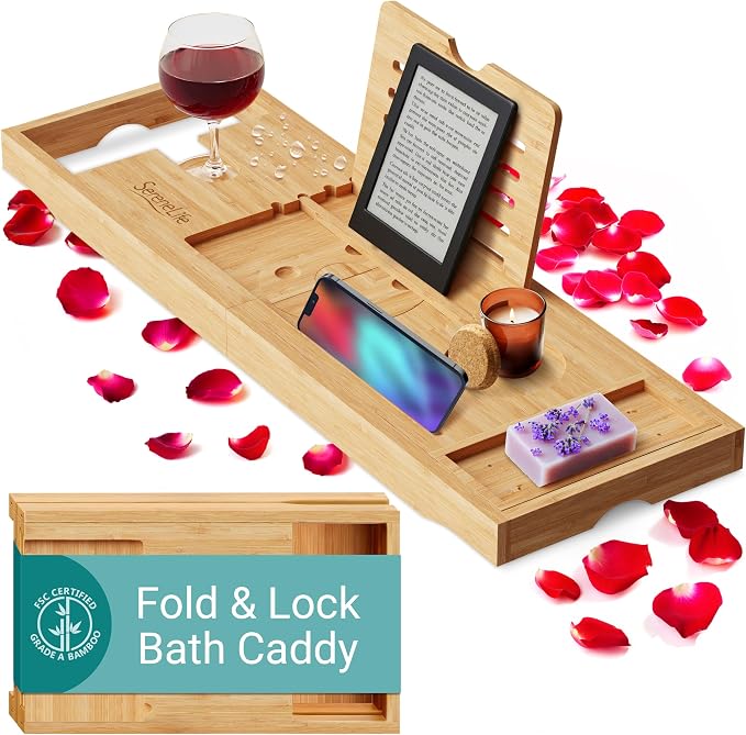 SereneLife Premium Bathtub Tray Caddy, Expandable Bath Tray, Unique House Warming Gifts, Gift for Mom, Women, New Home, Wedding, Anniversary, Bridal Shower, Universal Fit for All Tub - Natural,Folding
