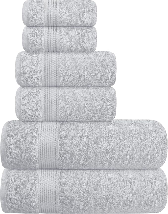 Belizzi Home Ultra Soft 6 Pack Cotton Towel Set, Contains 2 Bath Towels 28x55 inch, 2 Hand Towels 16x24 inch & 2 Wash Coths 12x12 inch, Ideal for Everyday use, Compact & Lightweight - Light Grey