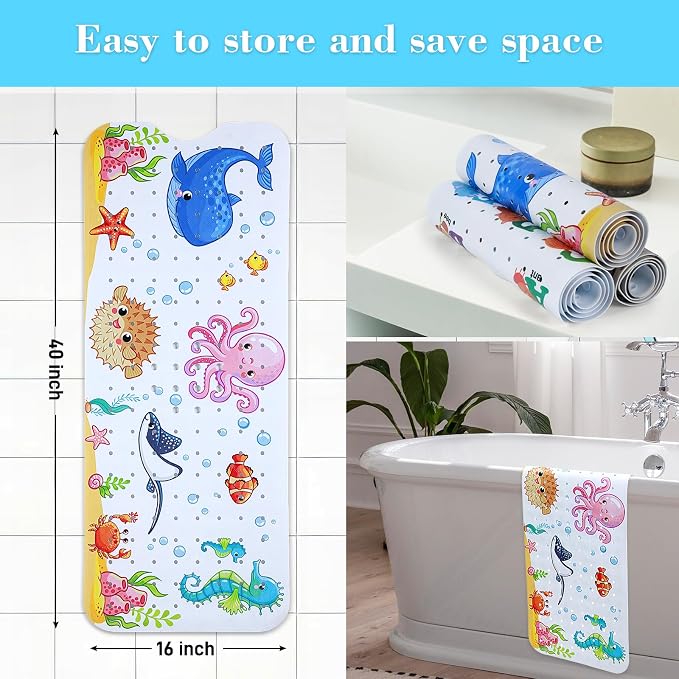 Secopad Bath Mat for Tub Non Slip, Machine Washable Anti-Slip Cartoon Baby Bathtub Shower Mat with Drain Holes and Suction Cups for Toddler & Kids (40 Inch x 16 Inch-Rectangular, New-Octopus)