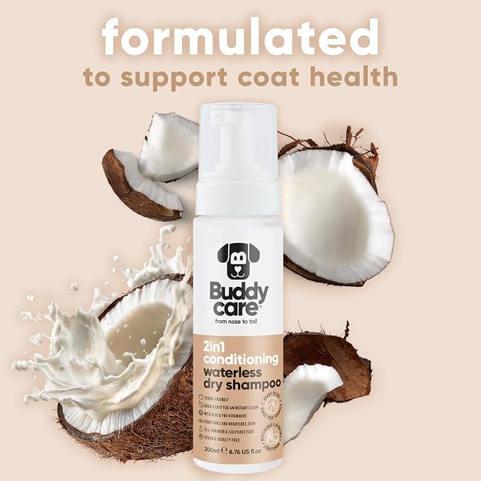 Buddycare 2in1 Conditioning Waterless Dry Dog Shampoo – No Rinse Quick Clean Foam, with Aloe & Pro Vitamin B5, Nourishing Coat & Skin Care, Travel Friendly, SLS & Paraben Free, Vegan Pet Grooming