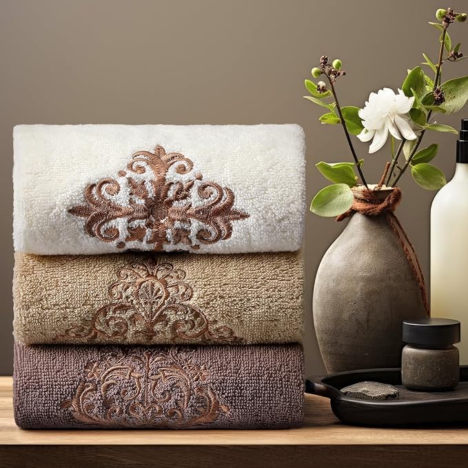 FuWeave 3 Pcs Vintage Brown Hand Towels Fancy Decorative Bathroom Towels 13.3 x 29.5'' Luxury Damascus Embroidered 100% Cotton Soft Absorbent for Bathroom Kitchen Boho Decor