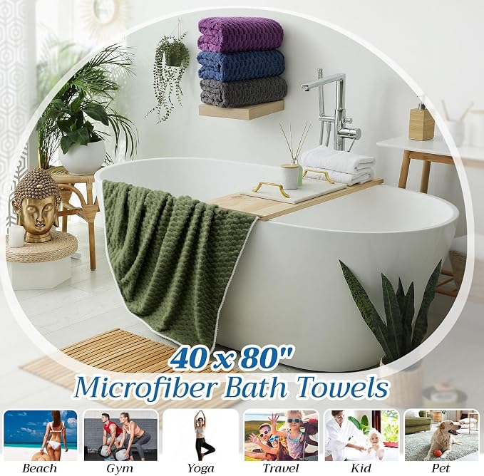 Peryiter 4 Pcs Oversized Bath Towels 40 x 80 Inch Extra Large Dark Gray Blue Purple Green Bath Sheets for Adults XL Microfiber Coral Velvet Highly Absorbent Bathroom Towels for Adults Home Beach