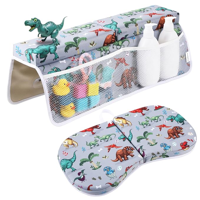 Bath Kneeler and Elbow Rest Pad Set, Dinosaur Design 1.5" Thick Comfortable Kneeling Cushion with Organizer Pockets - Quick Drying, Foldable, Non-Slip for Bathing Time