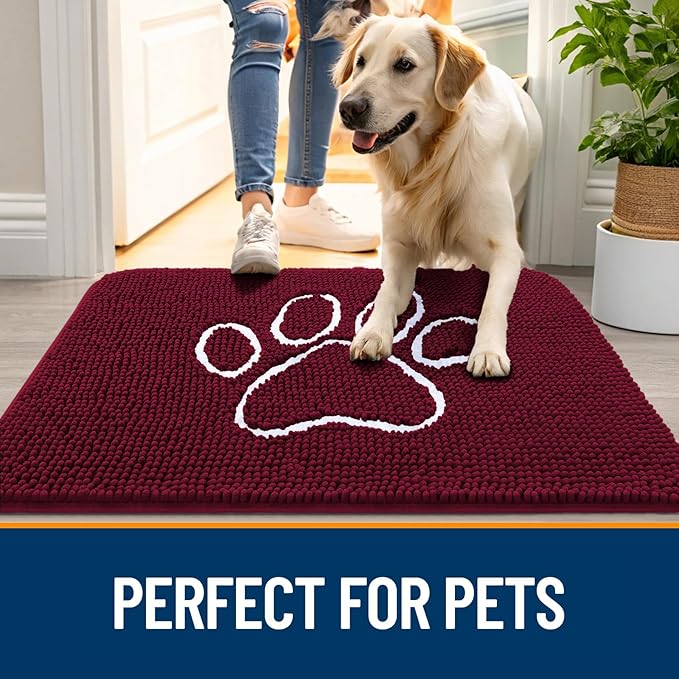 OLANLY Dog Door Mat for Muddy Paws 54x32, Paw Print Design, Absorbs Moisture and Dirt, Absorbent Non-Slip Washable Doormat, Quick Dry Chenille Mud Mat for Dogs, Entry Indoor Entryway Carpet, Burgundy