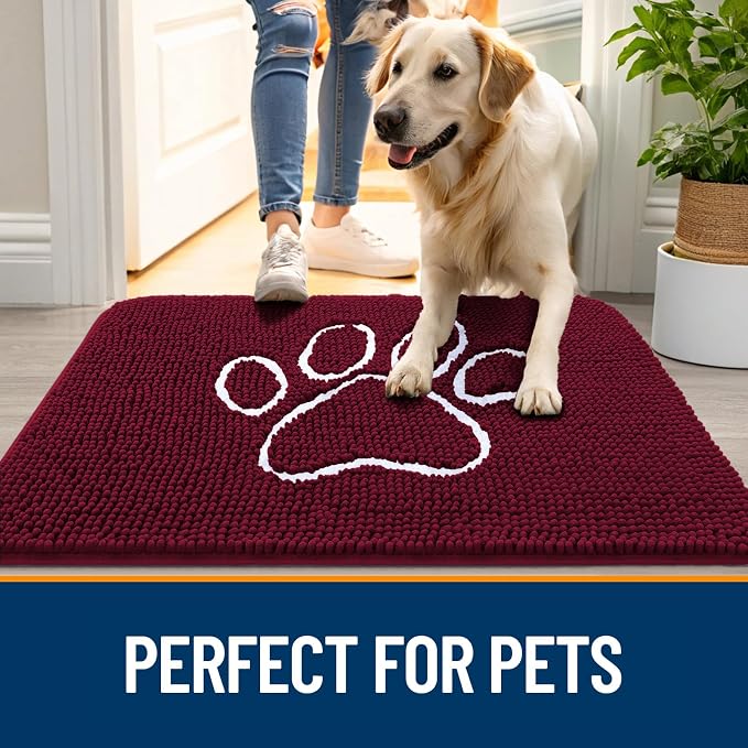 OLANLY Dog Door Mat for Muddy Paws 44x32, Paw Print Design, Absorbs Moisture and Dirt, Absorbent Non-Slip Washable Doormat, Quick Dry Chenille Mud Mat for Dogs, Entry Indoor Entryway Carpet, Burgundy