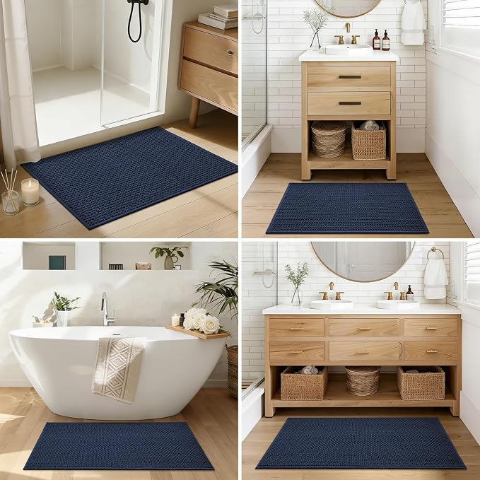 Color&Geometry Rubber Backed Waffle Bath Mat 30x17, Non Slip Water Washable Bathroom Rugs, Soft Absorbent Chenille Boho Carpet for Bathroom Floor, Tub and Shower, Dark Blue