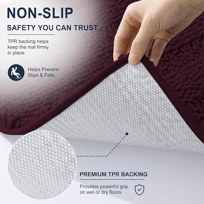 Smiry Thick Small Chenille Bathroom Rugs 24x16, Extra Absorbent Striped Bath Mat, Machine Washable, Rubber Backing, Bath Rugs for Bathroom, Tub & Shower, Home Decor Accessories, Black Cherry