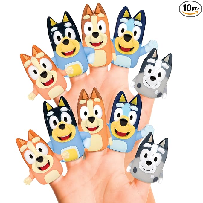Bluey Bath Finger Puppets, 10 Pc - Party Favors, Educational, Bath Toys, Story Time, Beach Toys, Playtime, Stocking Stuffer