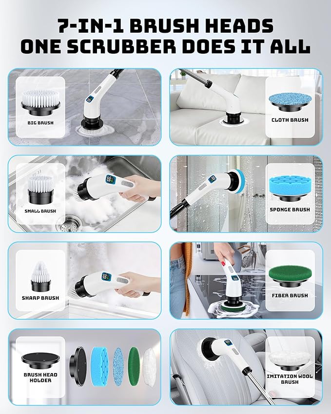 Electric Spin Scrubber for Bathroom | Shower Cleaner Brush with Long Handle | Dual Speed Cordless Power Scrubber with 7 Brushes Heads | IPX7 Waterproof Scrub Brush for Bath Tub Tile Grout Glass Tool