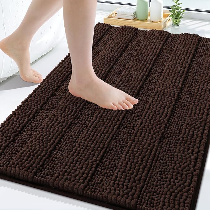 Grandaily Chenille Striped Bathroom Rugs 47x32, Extra Thick and Soft Absorbent Bath Mats, Rubber Backing, Plush Shaggy Shower Carpet, Machine Wash Dry, Bath Rug for Bathroom, Dark Brown