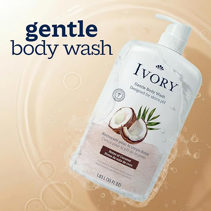 Ivory Body Wash, Designed for the Whole Family, Gentle Formula, Free of Dyes Heavy Perfumes Parabens Phthalates & Silicones, Coconut Scent, 35 oz