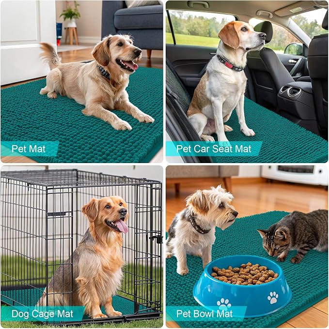 OLANLY Dog Door Mat for Muddy Paws 70x32, Absorbs Moisture and Dirt, Absorbent Non-Slip Washable Doormat, Quick Dry Chenille Mud Mat for Dogs, Entry Indoor Entryway Carpet for Inside Floor, Lake Blue