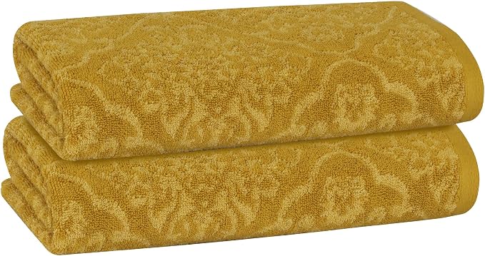 2 Pack Damask Hand Towel, Bath Towel, and Bath Sheet Towel, 100% Cotton Yarn Dyed, Lux Drying Experience, Great for Hands and Body, Perfect for Spa & Home Use (Gold, Bath Sheet)