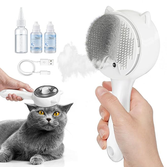 Pet Steam Brush Anti-static Self-Cleaning Mist Comb Dog Cat Grooming | With No-rinse shampoo*2|Reduce flying fur|1-touch clean|Long battery|Quiet & pet-friendly|Patented mist design – no clogging|