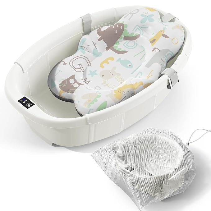 Collapsible Baby Bathtub - Large Baby Bath Tub with Thermometer & Cushion | Travel Portable Newborn Infant Bathtub | Foldable Toddler Bathtub for Baby 0 to 36 Months (White)