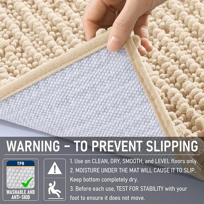 OLANLY Bathroom Rug Mat 44x24, Thick Soft and Absorbent Chenille Bath Mat, Non-Slip Rubber Backing, Machine Washable Quick Dry Bath Rugs for Tub Shower Floor, Home Decor Accessories, Beige