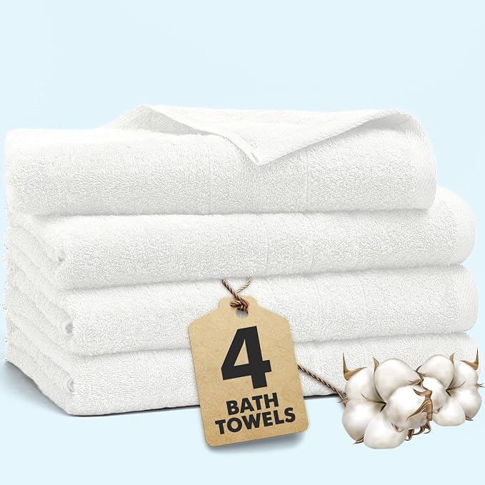 Bath Towels Set of 4 – 100% Ring Spun Cotton White Extra Large Towels for Bathroom, Spa Use (55x28 in) – 550 GSM Super Soft and Quick Dry Large Bath Sheets for Adults
