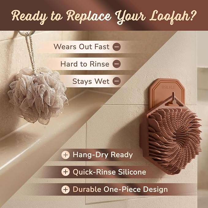 SILKLE Silicone Body Scrubber – Gentle Exfoliating Shower Scrubber for Body & Bath, Silicone Shower Brush & Loofah Alternative – Non-Slip Silicone Body Brush, Quick Dry, Hygienic - Brown