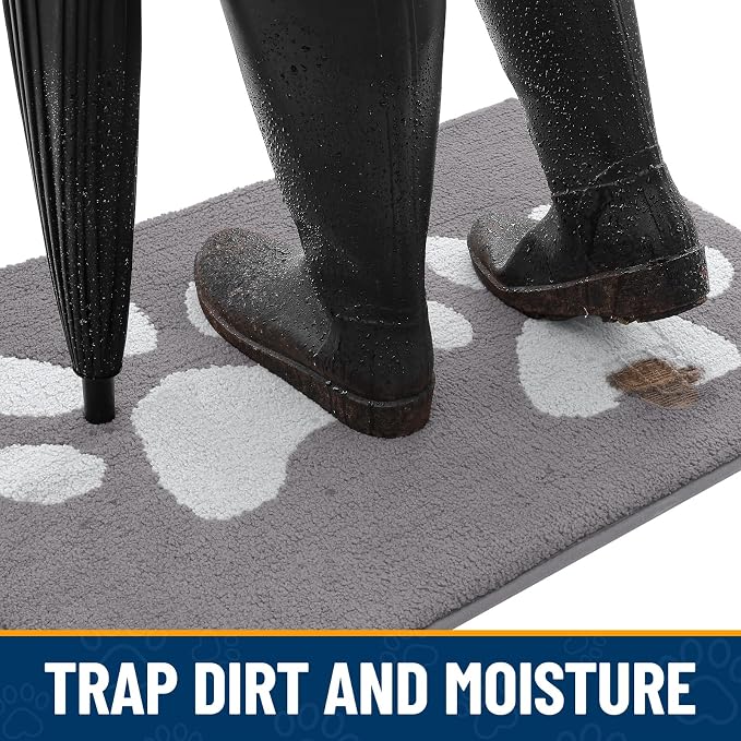 Smiry Dog Door Mat for Muddy Paws, Absorbs Moisture and Dirt, Low-Profile Entryway Mat with Non-Slip Backing, Entry Indoor Outdoor Doormat for Inside Floor (48x30 Inches, Light Grey, Paw)