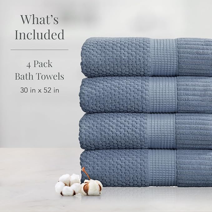NY Loft 100% Cotton 4-Pack Bath Towel Set | Flint | Oeko-TEX | Quick-Dry | Four 30" x 52" Bath Towels | Super Absorbent | Designer-Styled Texture