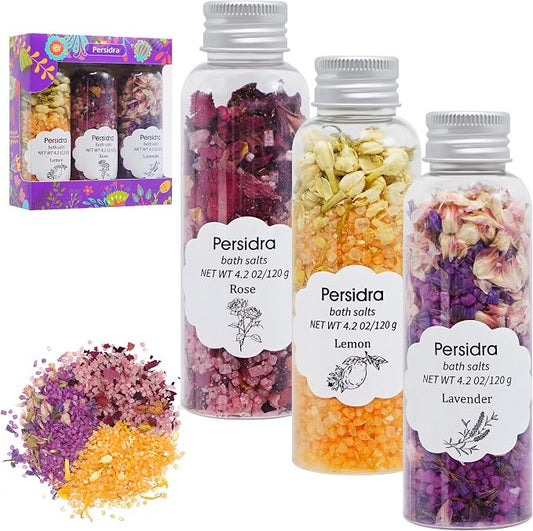 Bath Salts for Women Relaxing, Epsom Salt Gift Set, Anniversary Birthday Gifts, 3 Individual Pack, Spa Bath & Foot Soak, Organic with Dried Flower, Essential oil, Lavender, Rose & Lemon Scent, 12.7 oz