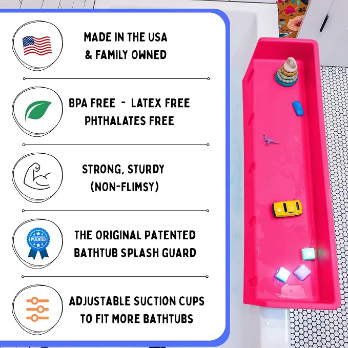 Tub Topper Kids Bathtub Splash Guard, Shelf & Toddler Bath Toy Tray - Pink | Toddler Bath Tray & Ledge Organizer, Strong Suction Cups, Patented Lip Design, Kids Bathroom Accessory Storage, Made in USA