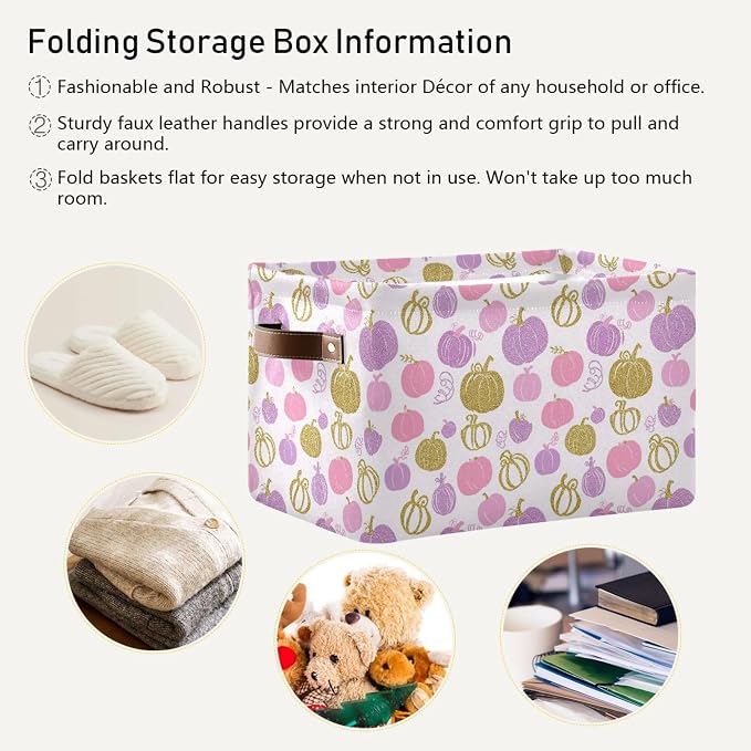 Wamika Pumpkin Pink Purple Storage Basket with Waterproof Liner and PU Handles Fall Thanksgiving Day Storage Bins Boxes 14.2" Collapsible Decorative Organizer Baskets for Bedroom Closet Office 2 Pack