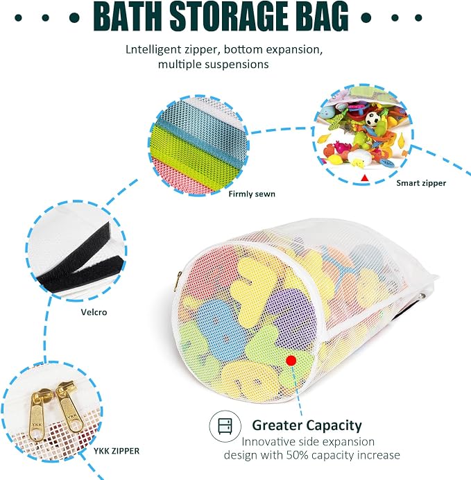 Large Capacity Baby Mesh Bath Toy Organizer, Multiple Ways to Hang, Extra Large Opening Bathroom Toy Storage, Bottom Zipper Bathtub Toy Storage Bag, Baby Shower Games bath Tub Accessory (White)
