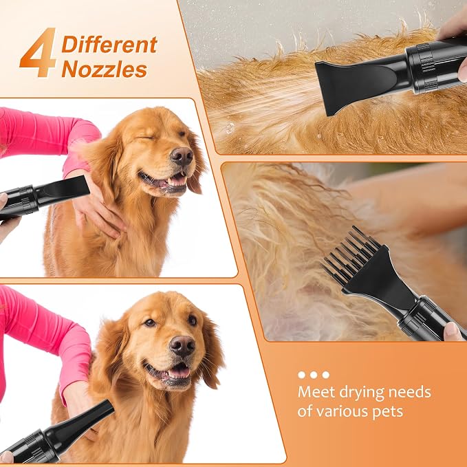NESTROAD Dog Dryer, 4.3HP/3200W High Velocity Pet Hair Dryer, Stepless Adjustable Speed, Quick-Drying, Reduce Noise & Heat Insulation, 4 Nozzles and a Brush, Black