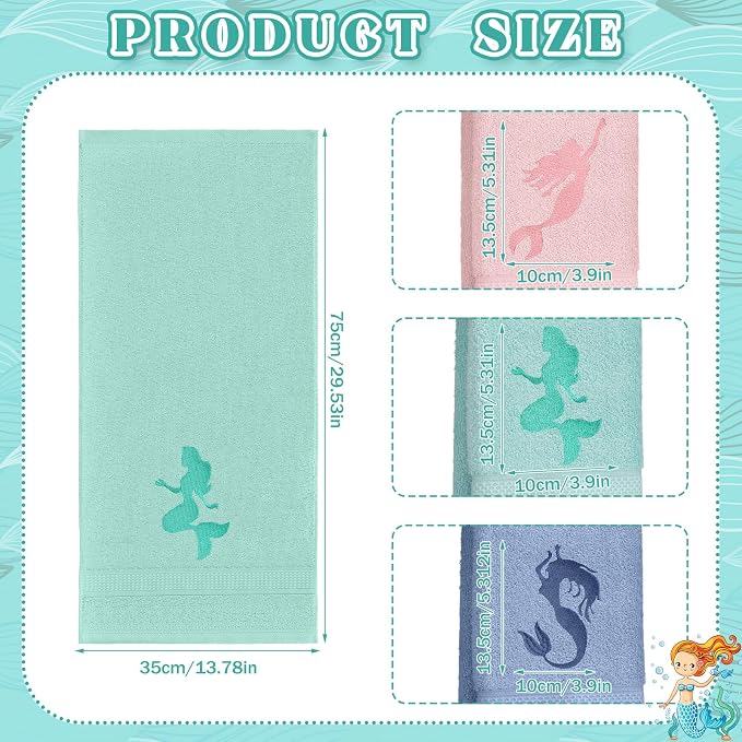 Hahafelt 3 Pack Coastal Mermaid Hand Towels for Bathroom 100% Cotton Embroidered Beach Bathroom Towels 13.78 x 29.53 Inch Soft Absorbent(Pink Green Blue, Mermaid)