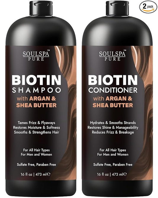 SOULSPA PURE Biotin Argan Oil Shampoo and Conditioner Set - Shea Butter Moisturizing Formula for Curly, Dry & Damaged Hair - Deep Hydration for Men & Women -16 fl oz Each