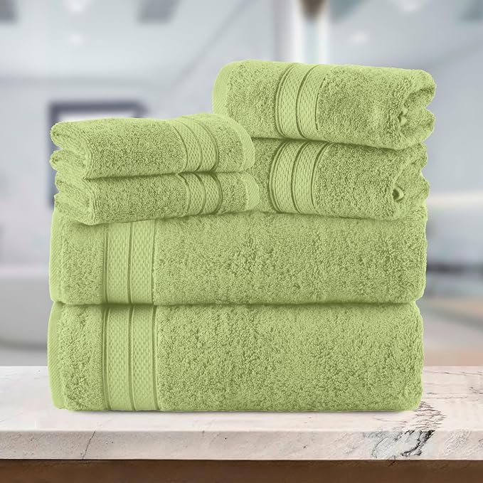 Elegant Comfort Luxury 6-Piece Towel Set, Premium Soft 100% Turkish Cotton, Three Line Popcorn Design 2 Bath Towels, 2 Hand Towels and 2 Washcloths Towel Set - Quick-Drying and Absorbent, Sage Green