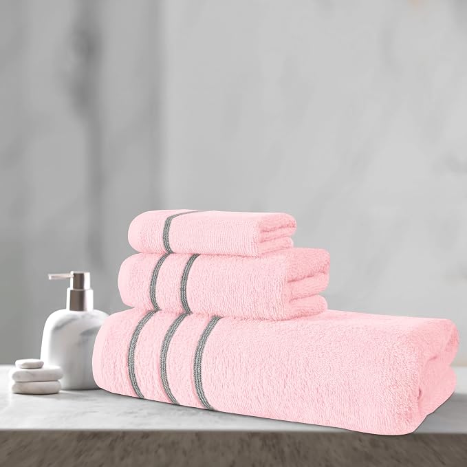 MyOwn Ultra Soft 3 Pack Cotton Towel Set, Contains a Bath Towel 28x55 inch, a Hand Towel 16x24 inch & Wash Coth 12x12 inch, Ideal Everyday use, Compact & Lightweight - Pink, 71686