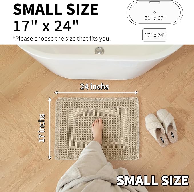Waffle Bath Mat - Super Water Absorbing Bath Mat Quick Dry, Bathroom Rugs Non Slip Washable with Tassels, Rubber Backed Bathroom Mat for Bathroom Floor, Tub and Shower, 17" x 24", Brown
