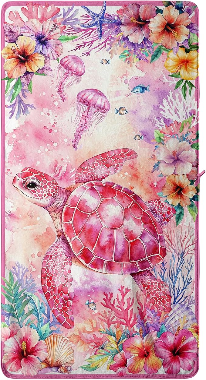 Sea Turtle Pink Bath Towels Soft Microfiber Shower Towel for Women Bathroom