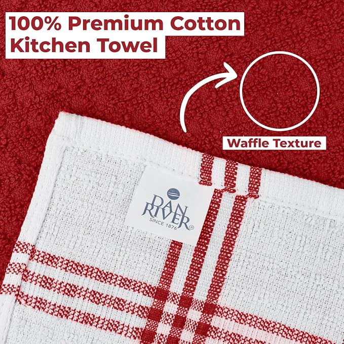 DAN RIVER Premium Red Kitchen Towels - [Pack of 12] 100% Cotton (16x 26 Inches) -Super Soft, Highly Absorbent Hand Towels, Quick Dry, Dish Towels, Tea and Bar Towels Set.