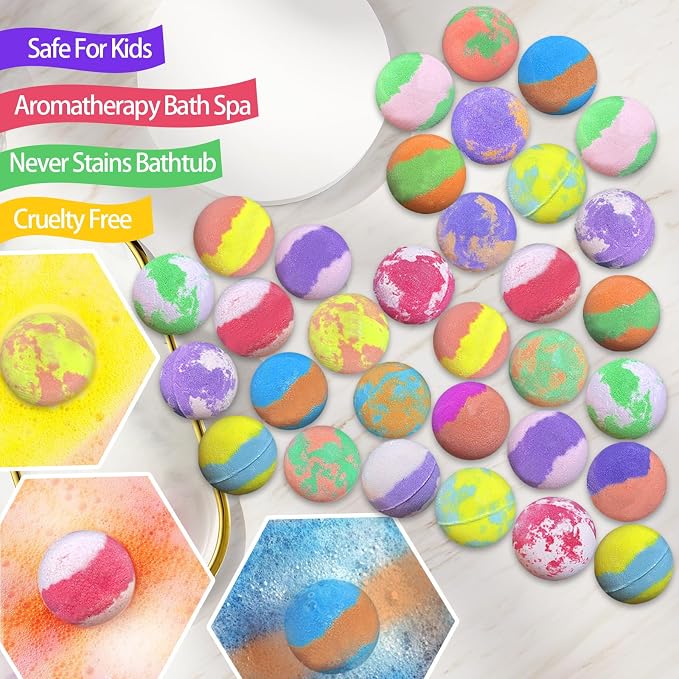 Bath Bombs for Kids with Surprise Inside, 32 Pack Kids Bath Bombs with Land & Sea Animal Toys, Bubble Bath Fizzy Ball for Girls Boys with Bath Toys, Fun Birthday Gift Handmade Child-Safe Bath Bomb