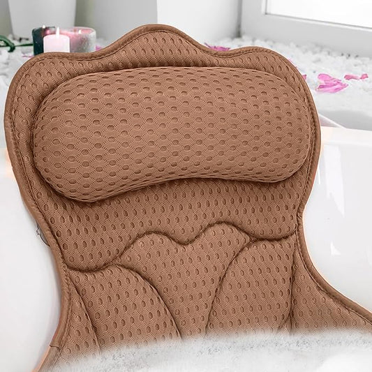 REEZEIVI Bath Pillows for Tub,Bath Pillow with 6 Non-Slip Suction Cups,Soft 4D Mesh Fabric,Bathtub Pillows for Tub Neck and Back Support,Extra Thick Luxury Bathtub Pillows,Brown