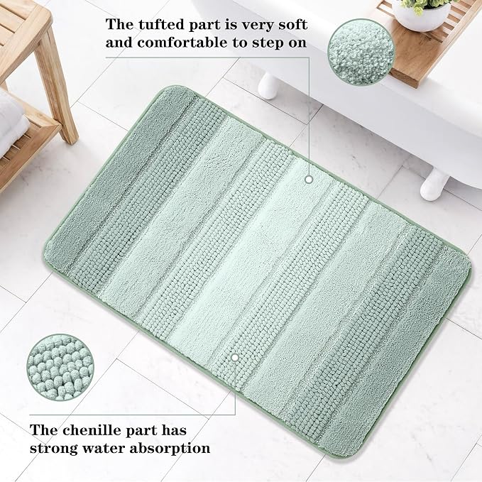 Kmson Ombre Chenille Bathroom Rugs, 20"x32" Non-Slip Bath Mat for Bathroom Floor & Bathtub, Ultra Soft Washable Shaggy Bath Rugs, Fluffy Thick Water Absorbent Microfiber Shower Mat Green