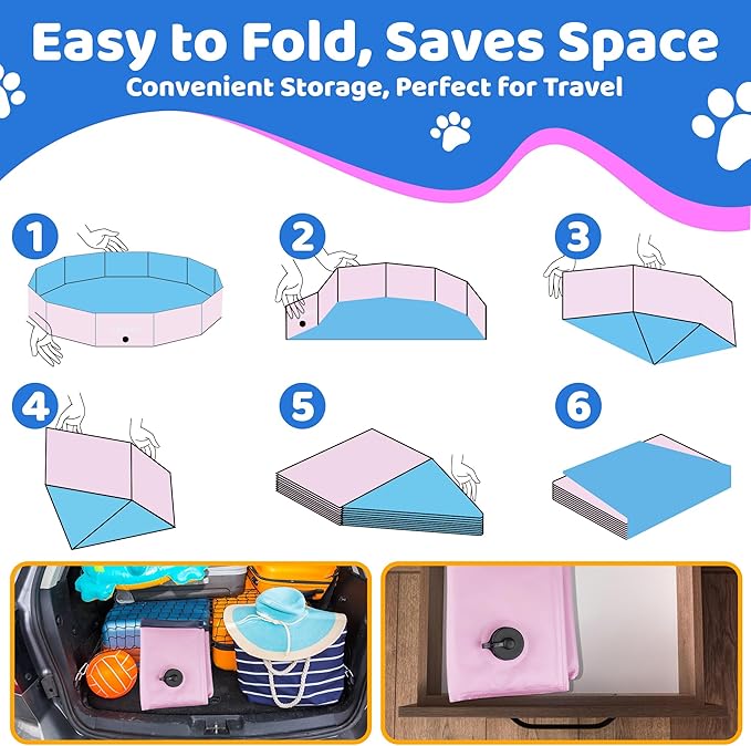 CACSPS 2025 Updated Foldable Dog Pool, 32" x 8" Kiddie Pool with Hard Plastic, Non-Slip Dog Bath Tub for Outdoor Backyard, Collapsible Dog Swimming Pool for Kids Dogs Pets (Pink)