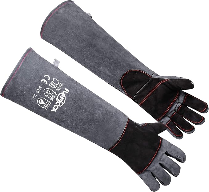 RAPICCA Animal Handling Gloves, Bite Proof Double Leather, 22 in Grey-Black | For Dog, Cat, Bird, Falconry, Snake & Reptile Handling; Vets, Groomers & Animal Control Teams