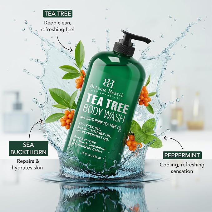 Botanic Hearth Tea Tree Body Wash, 16 Fl Oz (473 ml) | Enriched With Tea Tree Oil, Peppermint & Sea Buckthorn | Gently Cleanses, Refreshes & Nourishes Skin | Sulfate & Paraben Free | For Men & Women