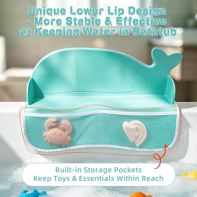MCGMITT Bathtub Splash Guard, Silicone Bath Shelf for Kid, Bath Toys Storage with 130 Suction Cups & Storage Mesh Pockets, Whale Toddler Tub Water Barrier, Prevent Water Spills in Bathroom