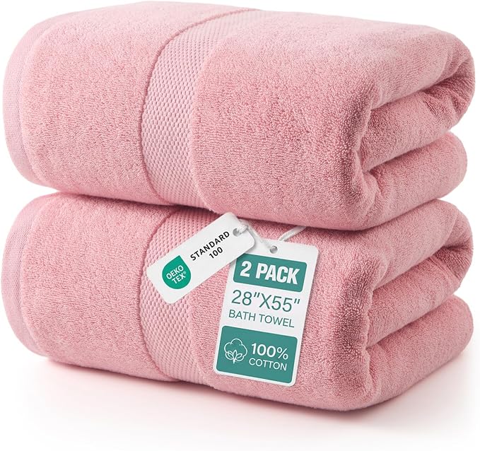 ecolook 2 Pack 100% Cotton Bath Towels, 28 x 55 Inches, Soft | Lightweight, Highly Absorbent & Quick Dry Body Towels for Bathroom, Shower, Gym & Daily Use, Pink