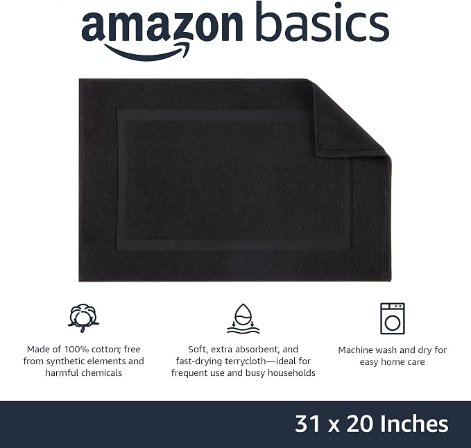 Amazon Basics Banded 100% Cotton Machine Washable Bathroom Bath Rug Mat, 31" x 20", Black