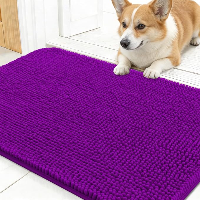 OLANLY Dog Door Mat for Muddy Paws 30x17, Absorbs Moisture and Dirt, Absorbent Non-Slip Washable Doormat, Quick Dry Chenille Mud Mat for Dogs, Entry Indoor Entryway Carpet for Inside Floor, Purple