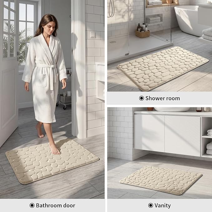 YIHOUSE Memory Foam Bath Mat Cobblestone Bathroom Rugs Super Water Absorbent Bath Mats for Bathroom Machine Washable Bath Rugs(17x24,Khaki)