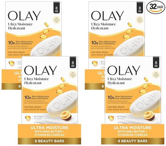 Olay Beauty Bar, Ultra Moisture,10x More Moisturizers, Nourishing Conditioners, Smooth & Gentle on Skin, Vitamin B3 Complex, For All Skin Types, Shea Butter Scent, 3.17 oz, (Pack of 32)