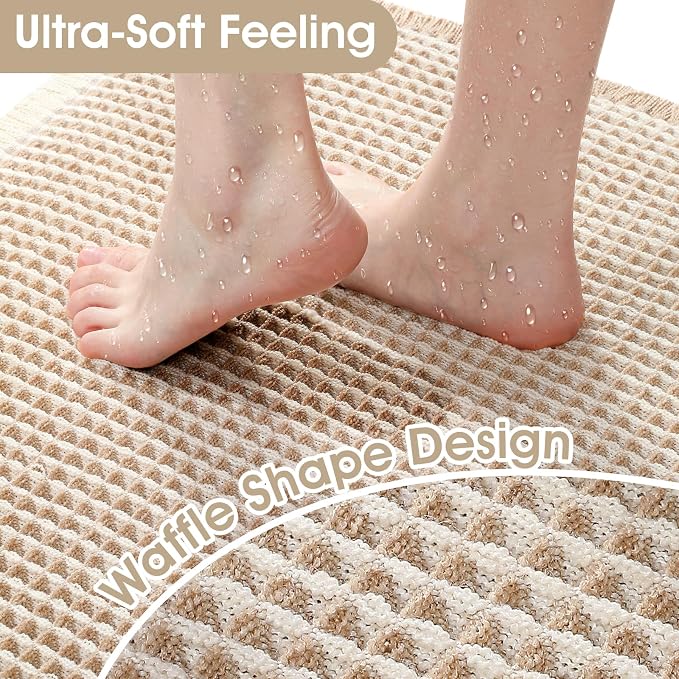 Upgraded Waffle Bath Mat, 24"x17" Brown & Cream, Super Absorbent Non-Slip Quick Dry Bathroom Rugs with Tassels, Machine Washable Ultra Soft Boho Bath Rugs for Floor, Toilet Mats Boho Farmhouse Decor